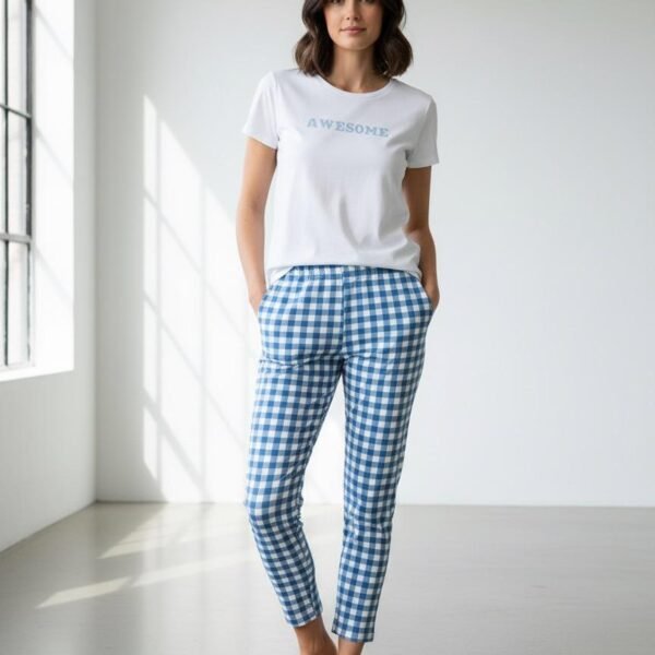 Mavi Kareli Bayan Pijama Takımı