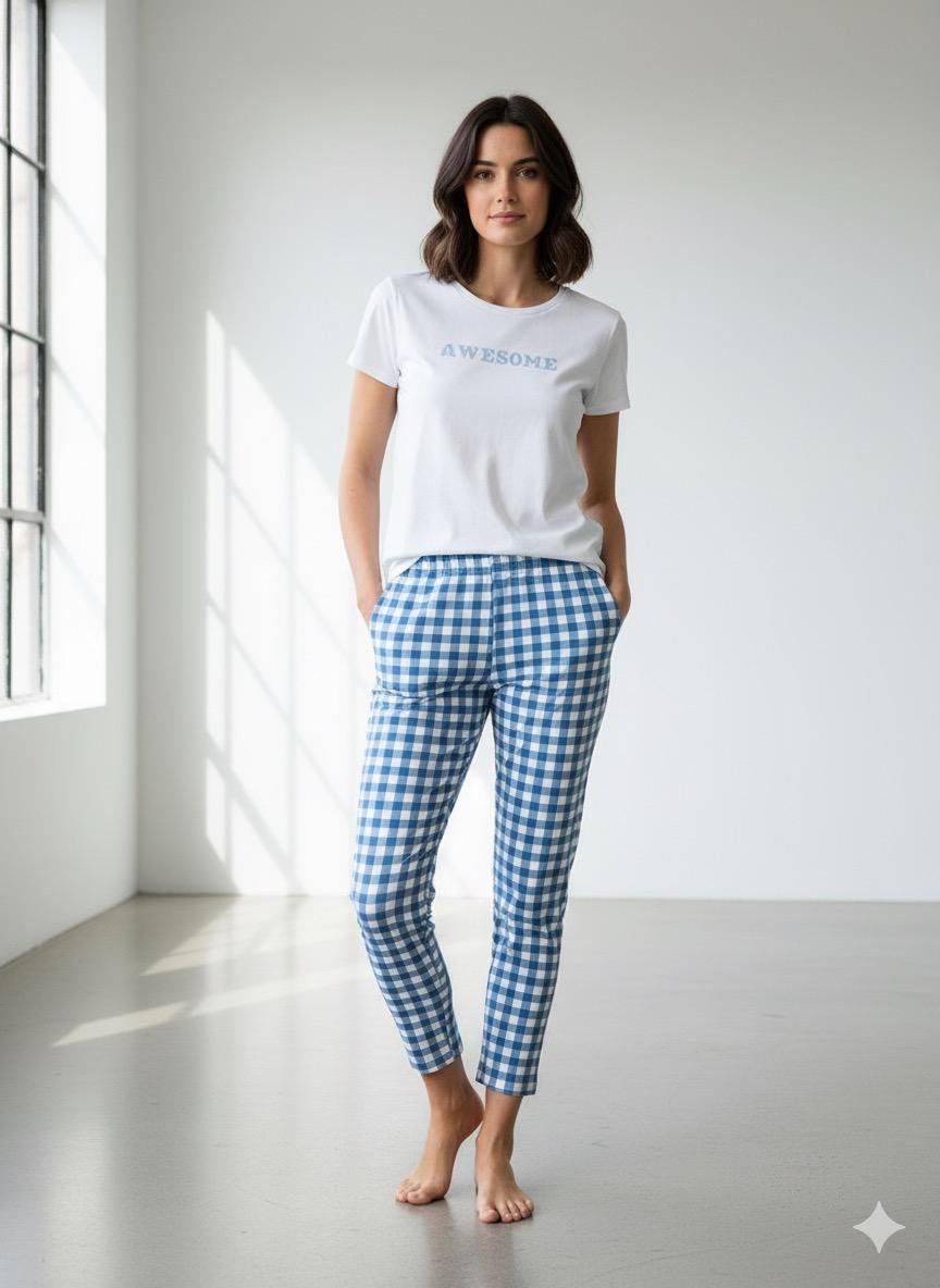 WhatsApp Image 2025-10-13 at 15.39.16 Mavi Kareli Bayan Pijama Takımı - Görsel 1