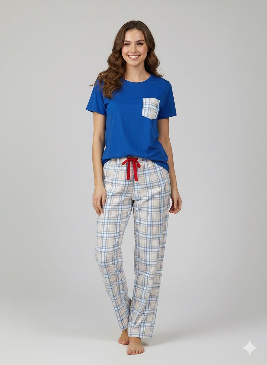 WhatsApp Image 2025-10-13 at 18.40.23 (3) Bayan Mavi Kareli Pijama Takımı - Görsel 1