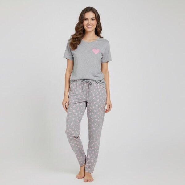 Bayan Gri Kalp Desenli Pijama Takımı
