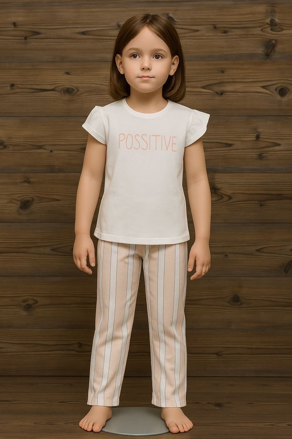 WhatsApp Image 2025-10-13 at 18.40.25 (2) Kız Çocuk Beyaz Kahve Çizgili Pijama Takımı - Görsel 1