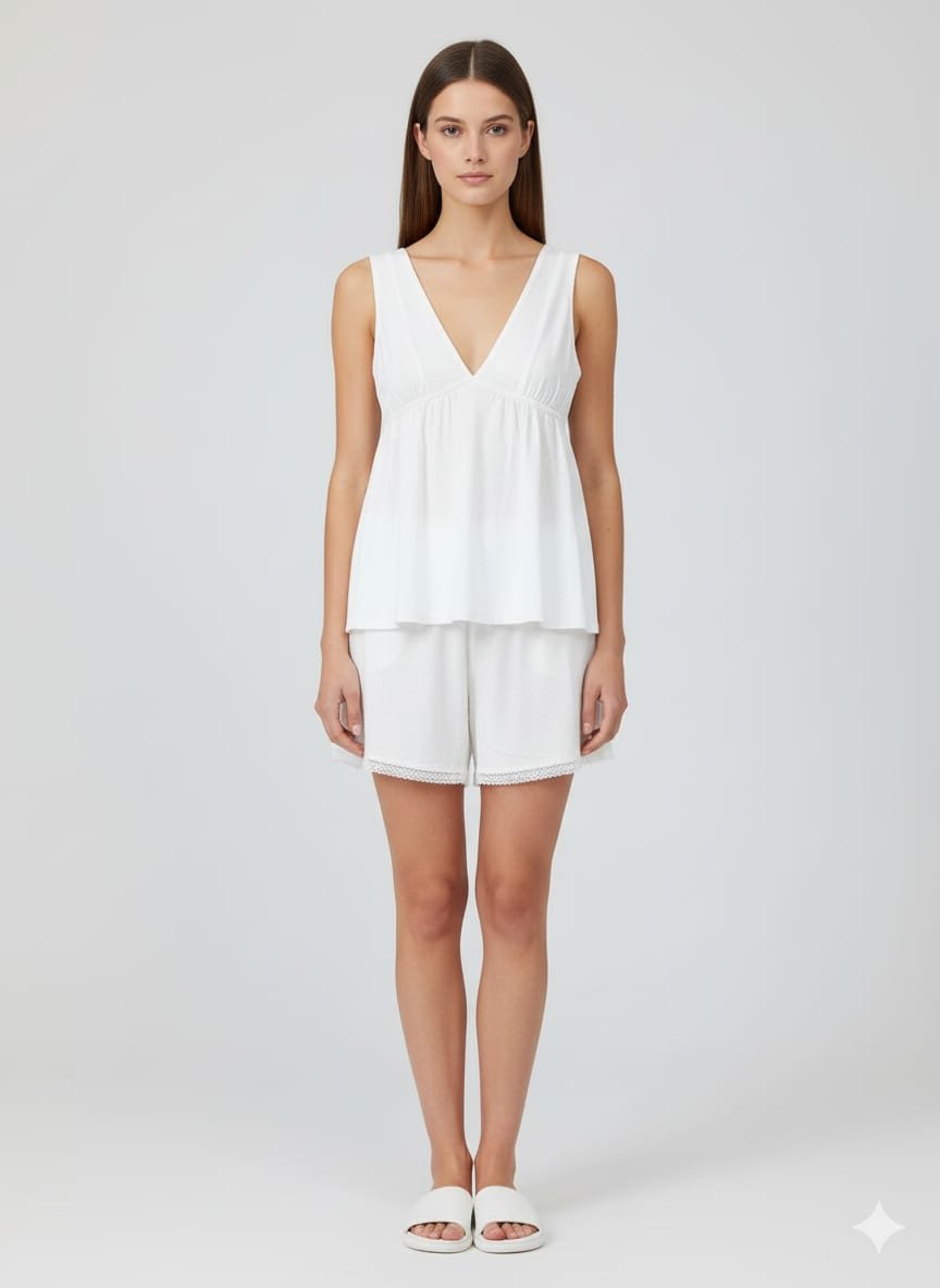 WhatsApp Image 2025-10-13 at 22.00.40 (1) Bayan Beyaz Şortlu Pijama Takım - Görsel 1