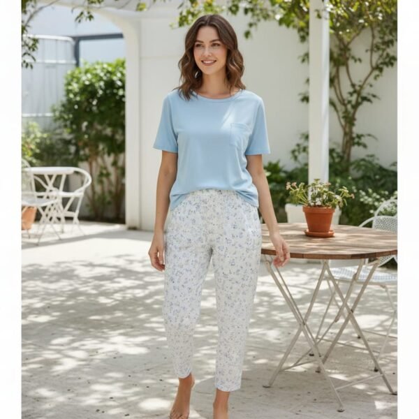 Bayan Beyaz Mavi Pijama Takımı