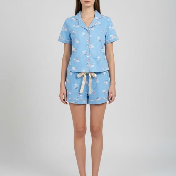 Bayan Mavi Düğmeli Şortlu Pijama Takım