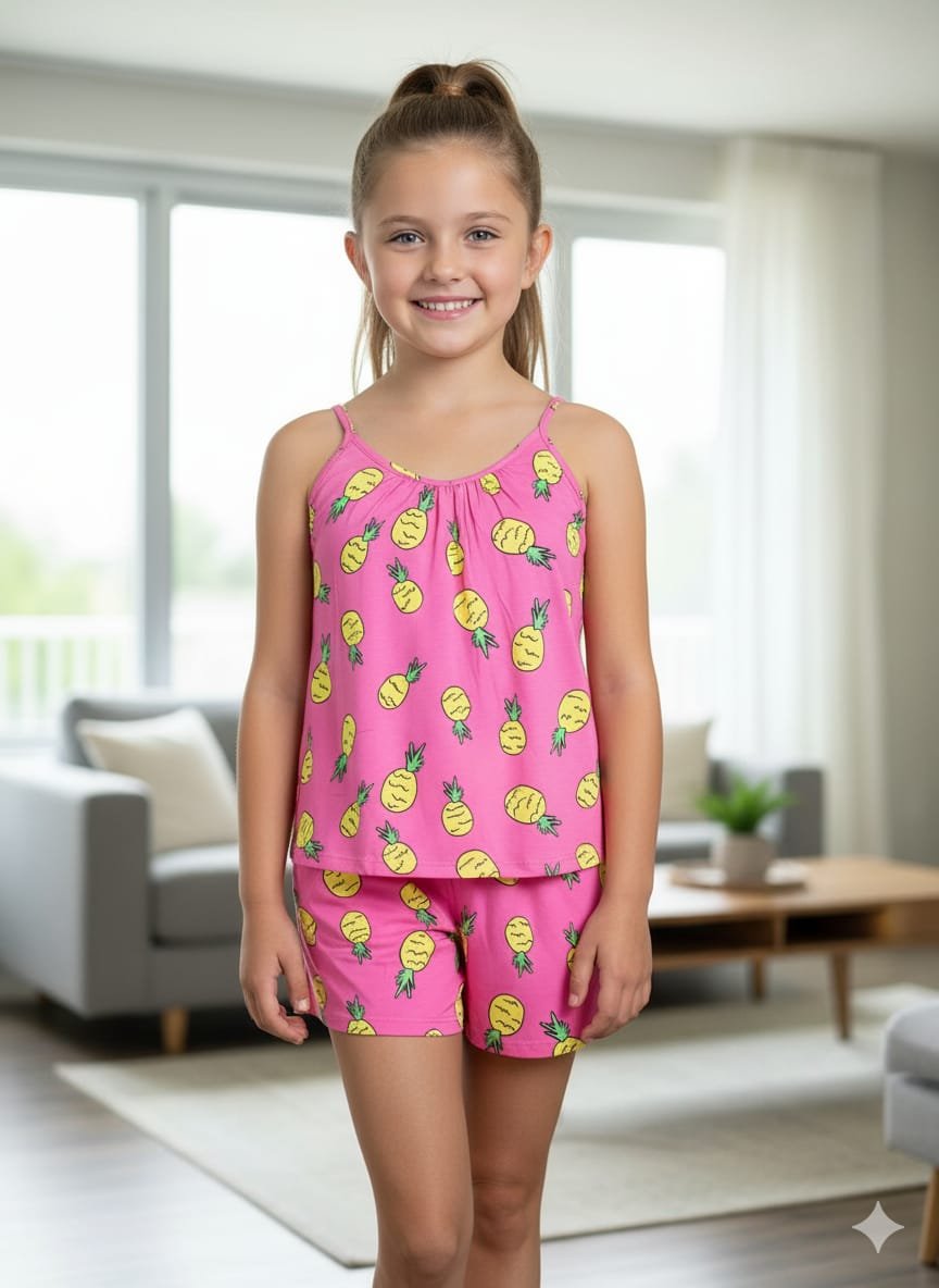 WhatsApp Image 2025-10-13 at 22.00.40 (7) Kız Çocuk Pembe Ananaslı Pijama TAKIM - Görsel 1