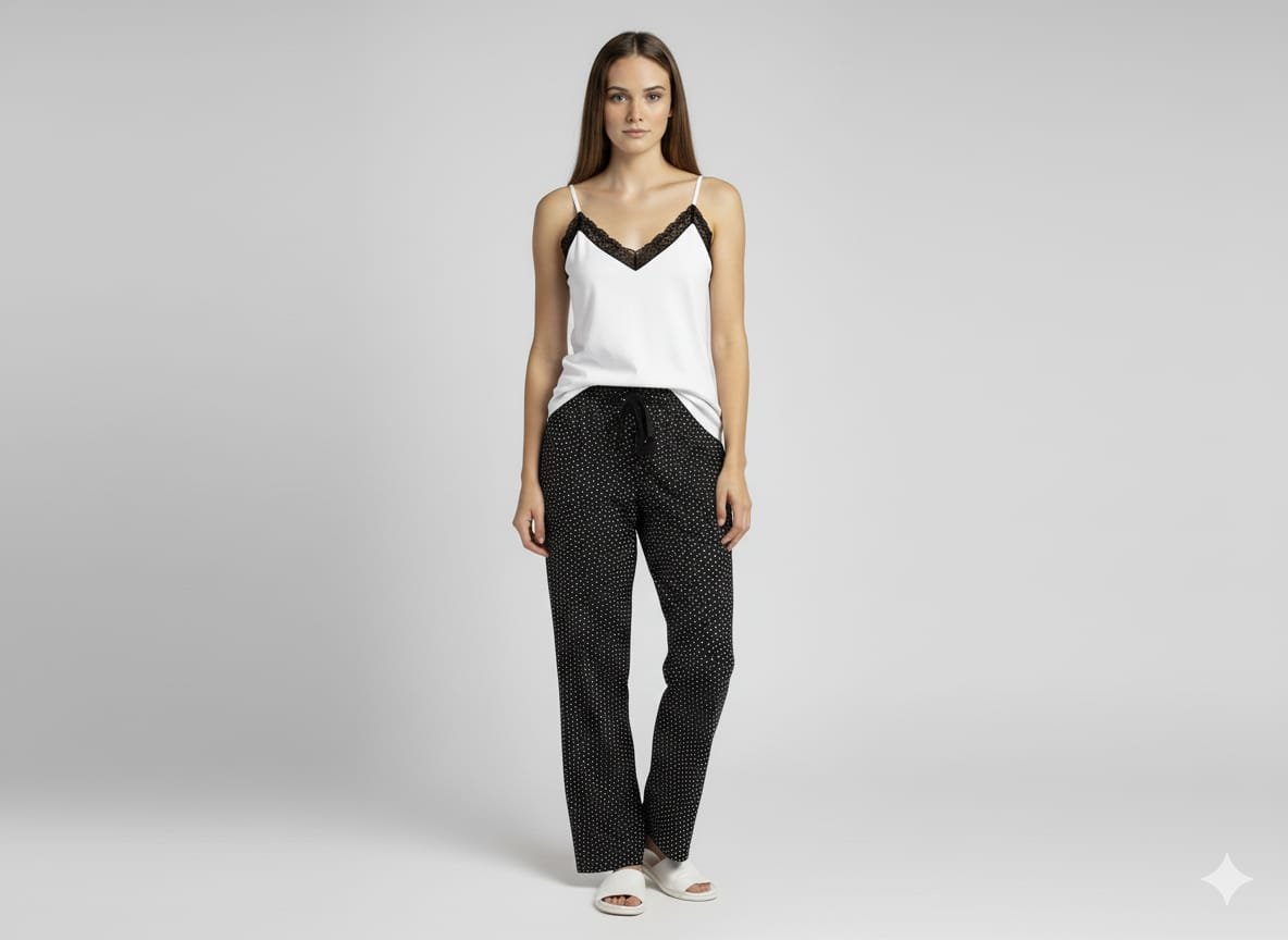 WhatsApp Image 2025-10-13 at 22.20.27 Bayan Beyaz Siyah Askılı Pijama Takım - Görsel 1