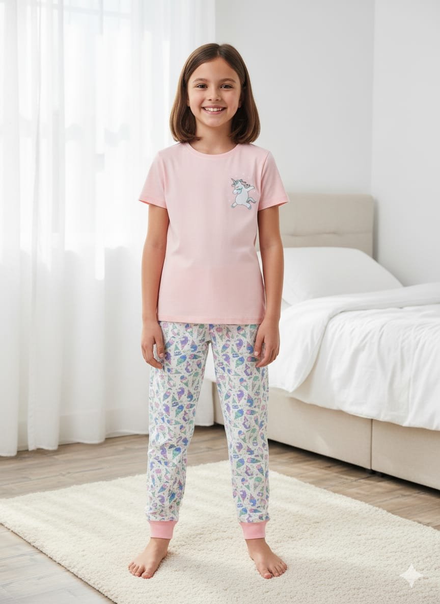 WhatsApp Image 2025-10-14 at 00.16.45 (1) Kız Çocuk Pembe Unicorn Pijama Takım - Görsel 1