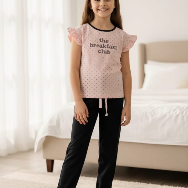 Kız Çocuk Pembe Siyah Noktalı Pijama Takım