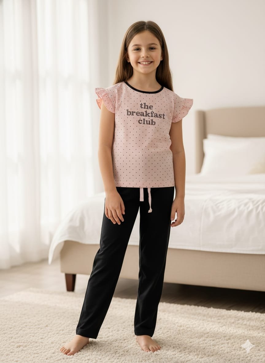 WhatsApp Image 2025-10-14 at 00.16.45 Kız Çocuk Pembe Siyah Noktalı Pijama Takım - Görsel 1