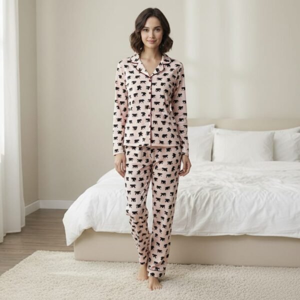 Bayan Pembe Ayılı Düğmeli Pijama Takım