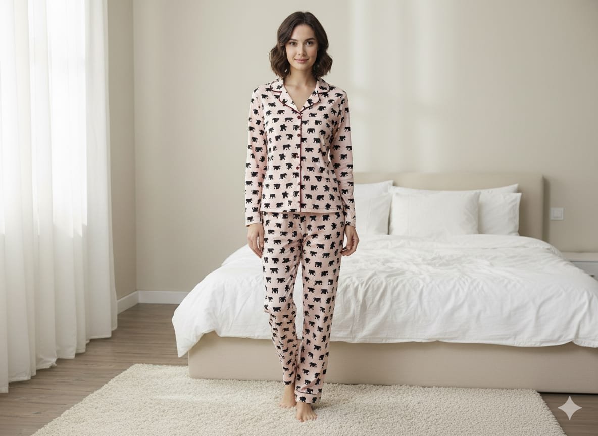 WhatsApp Image 2025-10-14 at 00.16.46 (1) Bayan Pembe Ayılı Düğmeli Pijama Takım - Görsel 1