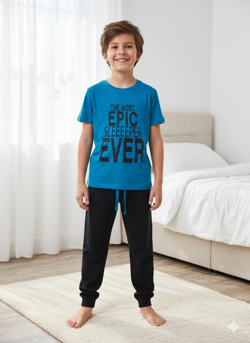 WhatsApp Image 2025-10-14 at 00.16.46 Erkek Çocuk Mavi Siyah Pijama Takım - Görsel 1