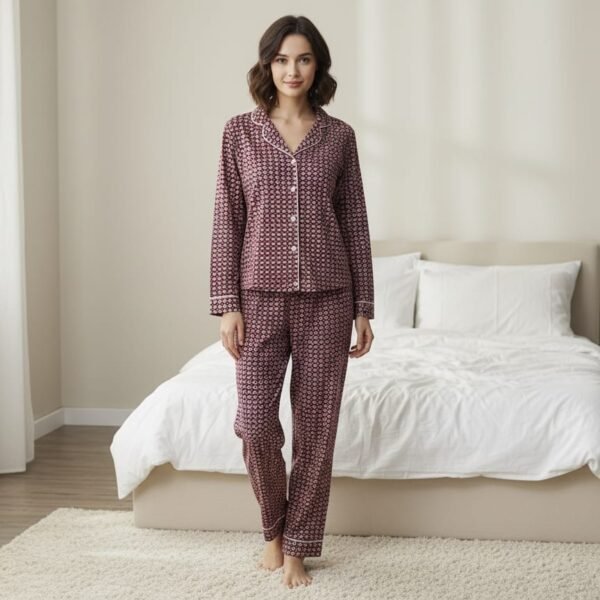 Bayan Bordo Kareli Düğmeli Pijama Takımı