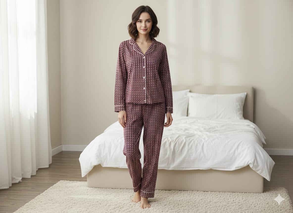 WhatsApp Image 2025-10-14 at 00.16.47 (3) Bayan Bordo Kareli Düğmeli Pijama Takımı - Görsel 1